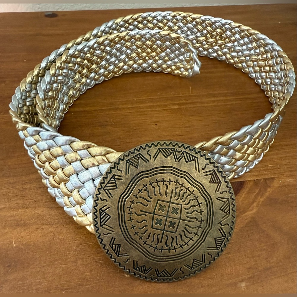 Silver and Gold Braided Belt with Round Boho Buckle Adjustable 40” Long